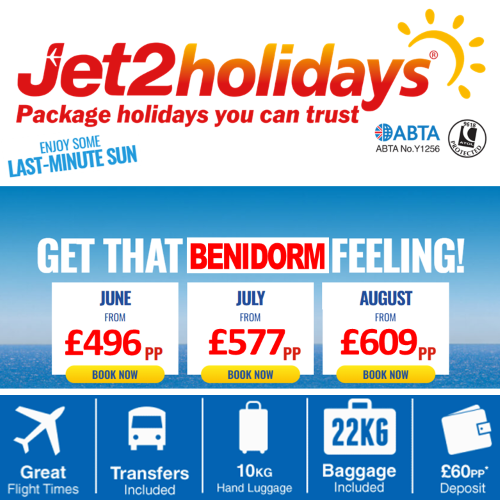 Jet2 holidays in Benidorm from just £60 per person deposit and pay monthly.